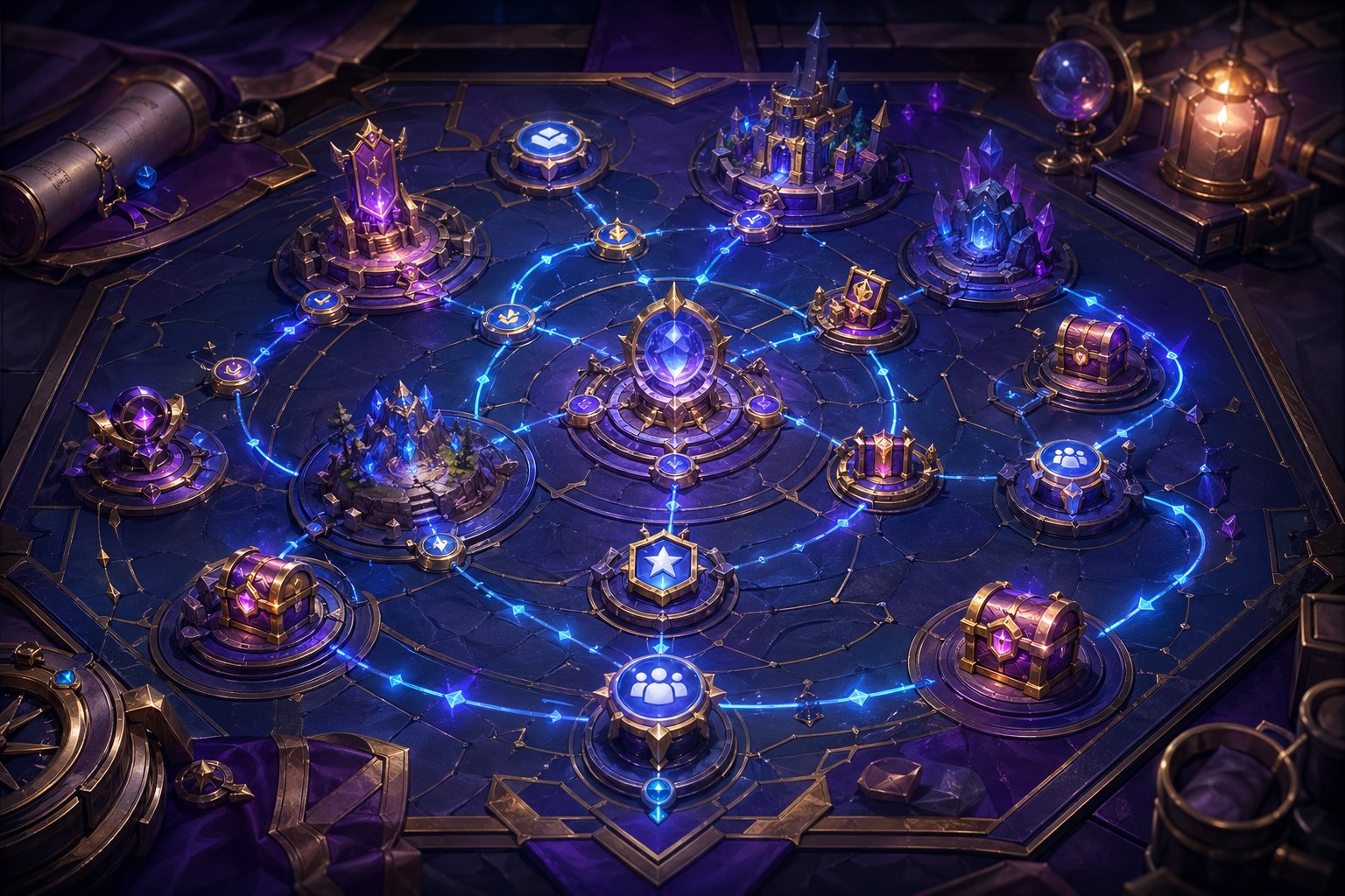 Glowing strategy board showing player engagement loops