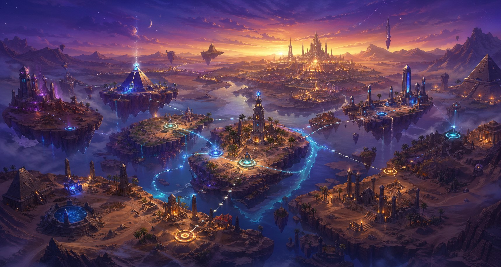 Mystical mobile game world map with glowing regions and strategic paths